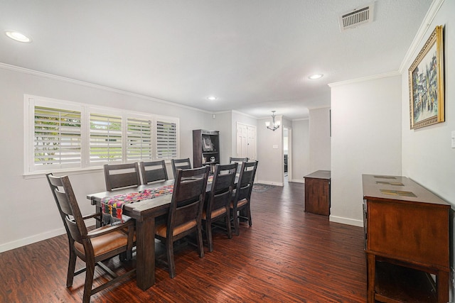 dining space featuring a chandelier, baseboards, ornamental molding, dark wood-style flooring, and recessed lighting