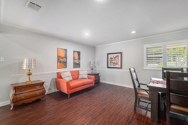 office space featuring ornamental molding, wood finished floors, baseboards, and recessed lighting