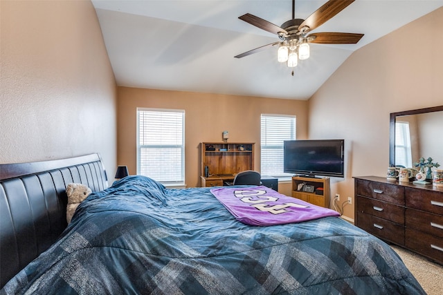 4012 Summerhill Ln, Fort Worth, TX 76244 - carpeted bedroom with vaulted ceiling and a ceiling fan