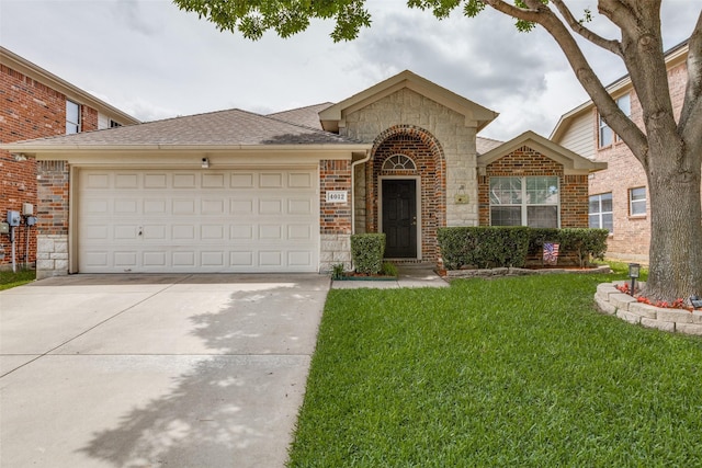 4012 Summerhill Ln, Fort Worth, TX 76244 - traditional home with stone siding, a front lawn, driveway, a garage, and brick siding