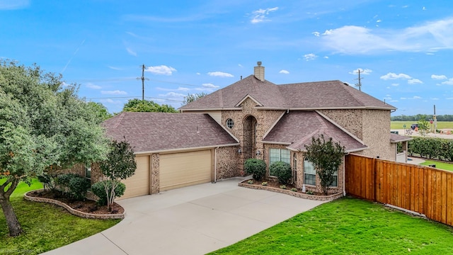 1837 Trail Dr, Rockwall, TX 75087 - view of front facade with a garage, concrete driveway, a chimney, a shingled roof, and brick siding