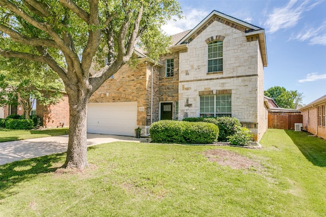 french country inspired facade featuring stone siding, driveway, a garage, and brick siding