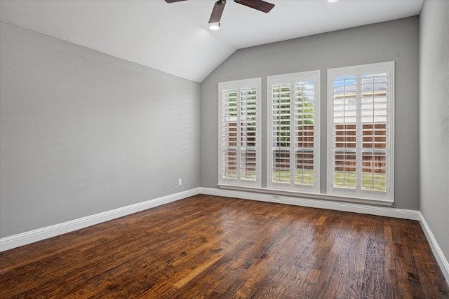 11968 Cobblestone Dr, Frisco, TX 75035 - unfurnished room with ceiling fan, baseboards, vaulted ceiling, and dark wood-style floors