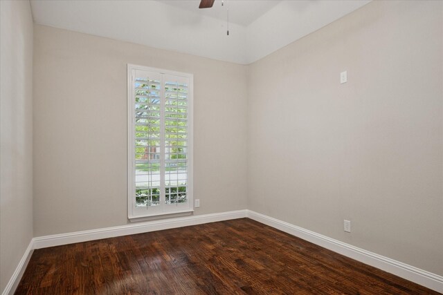 11968 Cobblestone Dr, Frisco, TX 75035 - unfurnished room featuring dark wood-type flooring, a ceiling fan, and baseboards