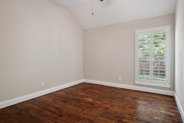 11968 Cobblestone Dr, Frisco, TX 75035 - empty room featuring vaulted ceiling, a ceiling fan, baseboards, and dark wood-type flooring