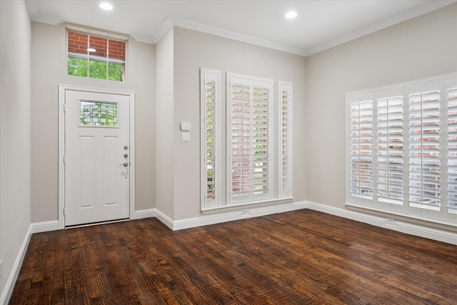 11968 Cobblestone Dr, Frisco, TX 75035 - entryway with baseboards, recessed lighting, crown molding, and wood finished floors