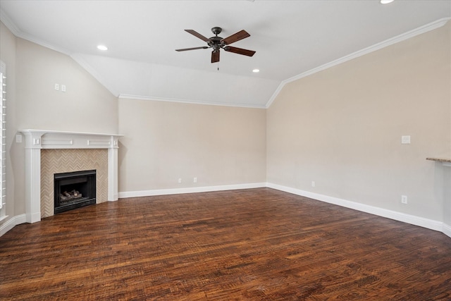 11968 Cobblestone Dr, Frisco, TX 75035 - unfurnished living room featuring ceiling fan, vaulted ceiling, wood finished floors, recessed lighting, and a tile fireplace