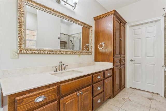 3439 Willow Branch Rd, Mcgregor, TX 76657 - bathroom featuring a shower with shower door, vanity, and tile patterned floors