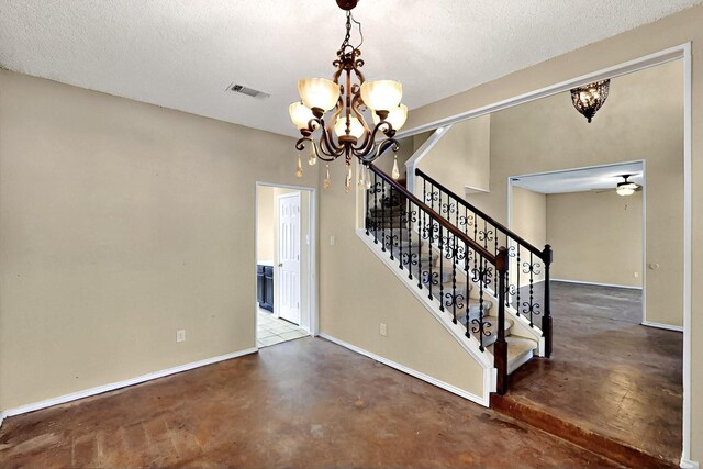 1523 Allen Dr, Cedar Hill, TX 75104 - unfurnished dining area with concrete floors, a chandelier, baseboards, stairs, and a textured ceiling