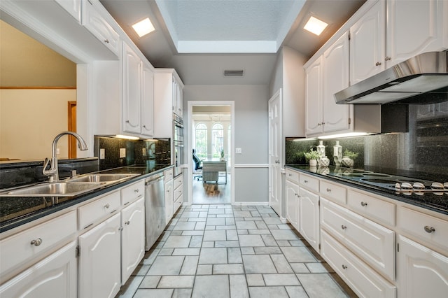 3336 Sage Brush Trl, Plano, TX 75023 - kitchen featuring under cabinet range hood, a sink, dishwasher, and white cabinets
