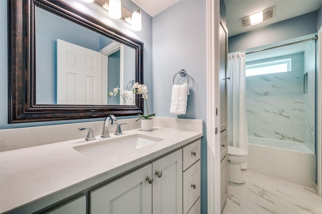 3336 Sage Brush Trl, Plano, TX 75023 - full bath with marble finish floors, toilet, vanity, and shower / bathtub combination with curtain