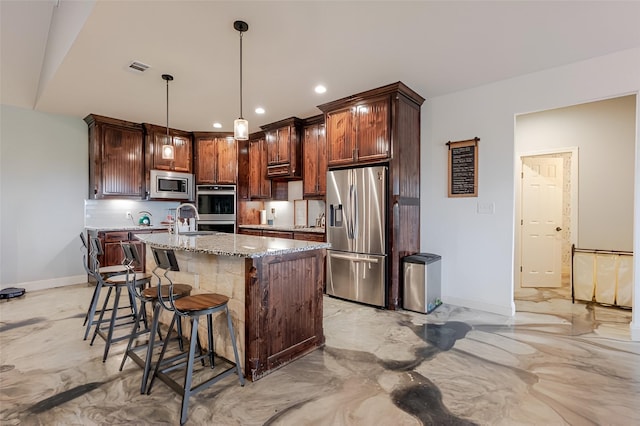 1061 N Whitt Rd, Perrin, TX 76486 - kitchen with appliances with stainless steel finishes, light stone counters, baseboards, light marble finish flooring, and recessed lighting