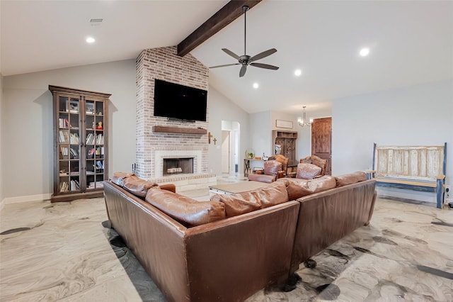 1061 N Whitt Rd, Perrin, TX 76486 - living room with light marble finish flooring, a ceiling fan, a fireplace, recessed lighting, and a chandelier
