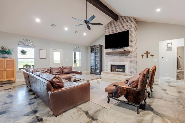 1061 N Whitt Rd, Perrin, TX 76486 - living area featuring a ceiling fan, beamed ceiling, a fireplace, high vaulted ceiling, and recessed lighting
