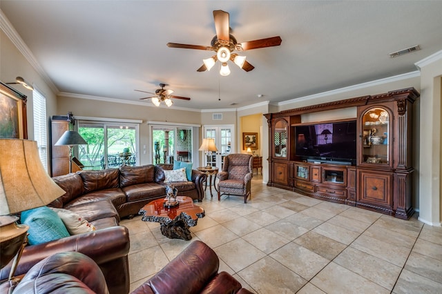 1628 Overwood Dr, Frisco, TX 75036 - living area featuring ceiling fan, light tile patterned flooring, and crown molding