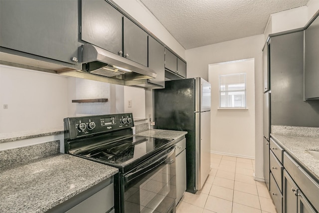 6188 Vega Dr, Fort Worth, TX 76133 - kitchen featuring electric range, under cabinet range hood, gray cabinets, a textured ceiling, and light tile patterned floors
