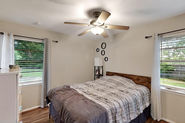 2422 Sue Cir, Mesquite, TX 75149 - bedroom featuring multiple windows, wood finished floors, and ceiling fan