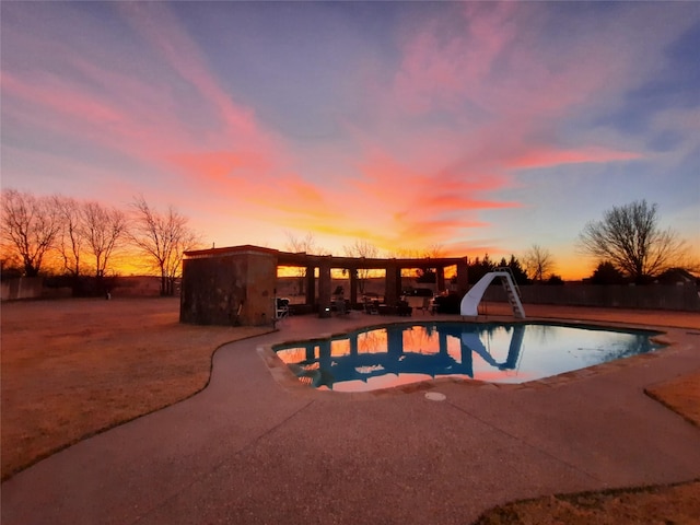 1233 Fox Hunt Trl, Willow Park, TX 76087 - view of swimming pool with a water slide and a patio