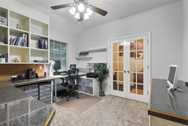 1233 Fox Hunt Trl, Willow Park, TX 76087 - office area featuring french doors, a ceiling fan, carpet, and vaulted ceiling
