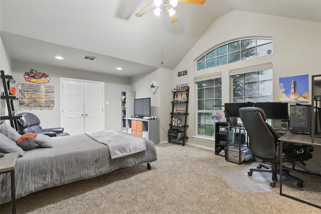 1233 Fox Hunt Trl, Willow Park, TX 76087 - carpeted bedroom featuring an office area, recessed lighting, a ceiling fan, high vaulted ceiling, and a closet