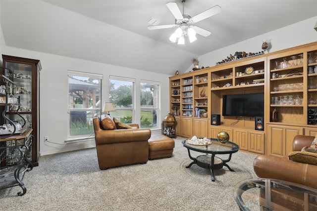 1233 Fox Hunt Trl, Willow Park, TX 76087 - carpeted living area with lofted ceiling and a ceiling fan