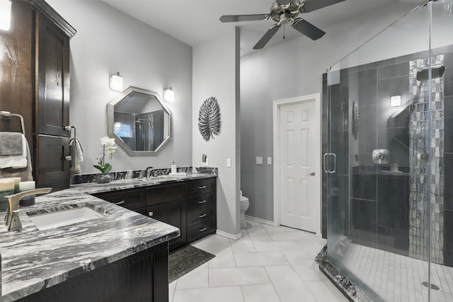1233 Fox Hunt Trl, Willow Park, TX 76087 - bathroom with a ceiling fan, a stall shower, vanity, and toilet