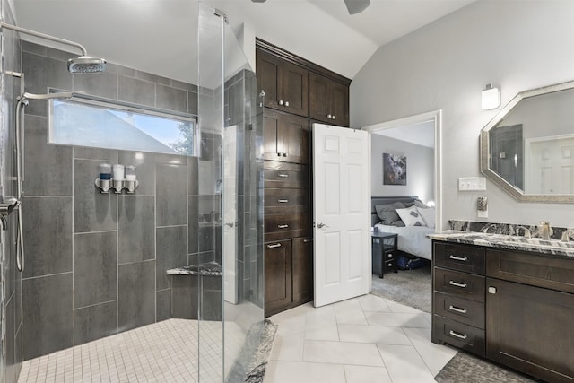 1233 Fox Hunt Trl, Willow Park, TX 76087 - full bathroom with lofted ceiling, a stall shower, vanity, and ensuite bath