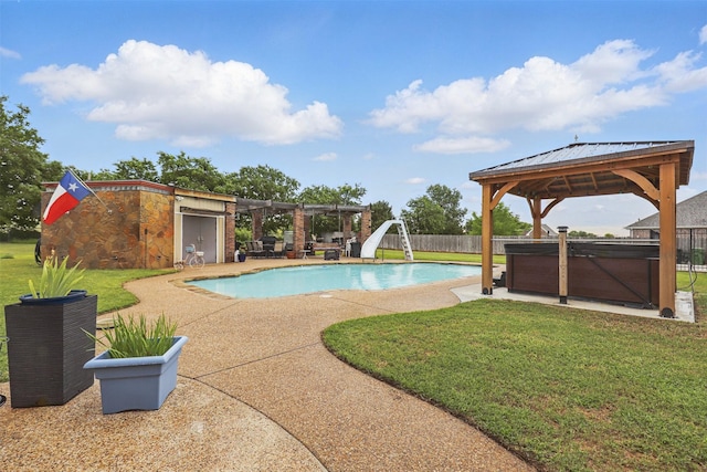 1233 Fox Hunt Trl, Willow Park, TX 76087 - view of pool featuring a hot tub, a gazebo, a water slide, a patio area, and a pergola
