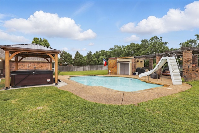 1233 Fox Hunt Trl, Willow Park, TX 76087 - view of pool featuring a hot tub, a water slide, and a gazebo