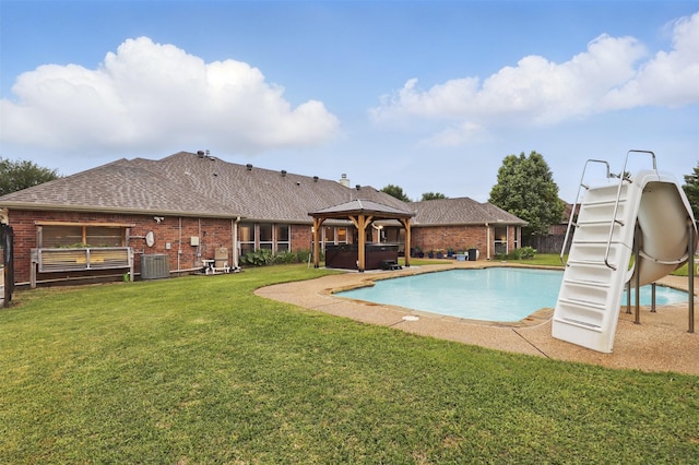 1233 Fox Hunt Trl, Willow Park, TX 76087 - view of pool featuring a hot tub, cooling unit, a water slide, and a gazebo