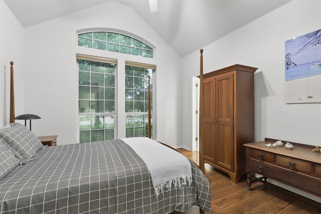 1233 Fox Hunt Trl, Willow Park, TX 76087 - bedroom featuring dark wood-style flooring, lofted ceiling, and ceiling fan