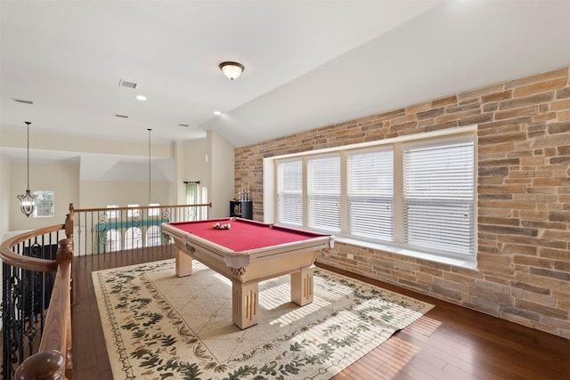 playroom featuring hardwood / wood-style floors, vaulted ceiling, and billiards table