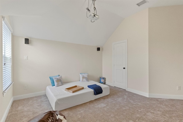 carpeted bedroom with lofted ceiling and baseboards