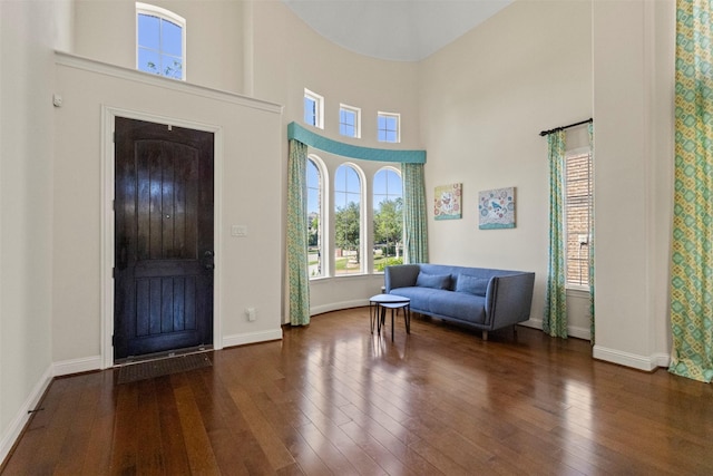 entrance foyer featuring wood-type flooring, baseboards, and a towering ceiling