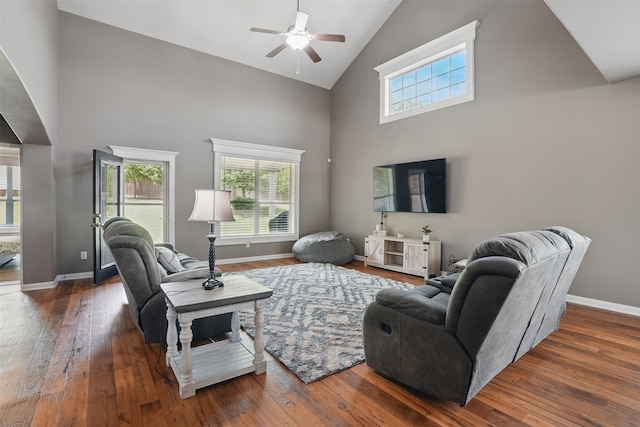 1844 Sweet Gum Dr, Anna, TX 75409 - living room featuring high vaulted ceiling, a ceiling fan, hardwood / wood-style floors, and plenty of natural light
