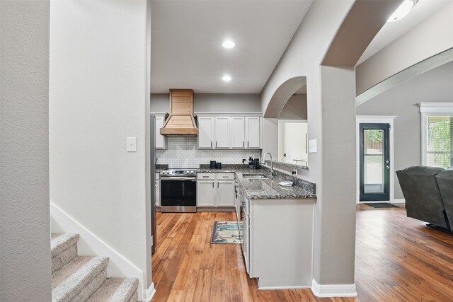 1844 Sweet Gum Dr, Anna, TX 75409 - kitchen with stainless steel electric stove, custom range hood, a sink, backsplash, and light wood-type flooring