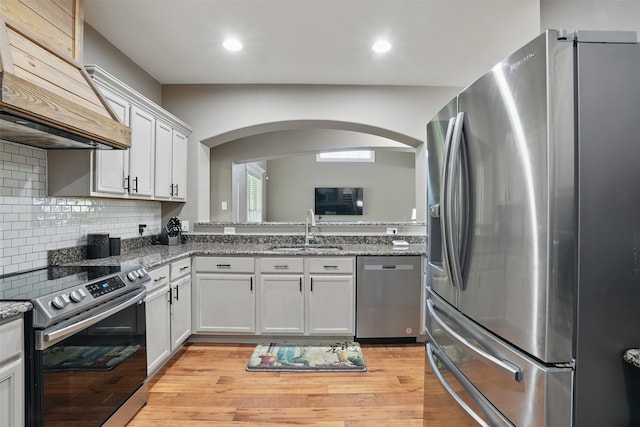 1844 Sweet Gum Dr, Anna, TX 75409 - kitchen featuring appliances with stainless steel finishes, a sink, premium range hood, arched walkways, and light stone countertops