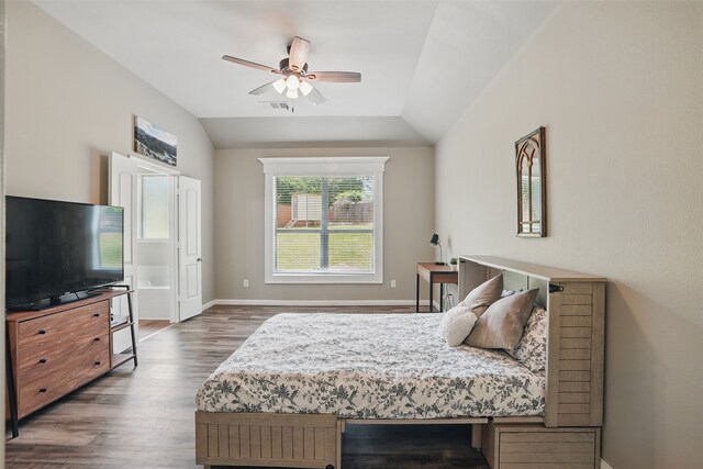 1844 Sweet Gum Dr, Anna, TX 75409 - bedroom with wood finished floors, baseboards, vaulted ceiling, and a ceiling fan