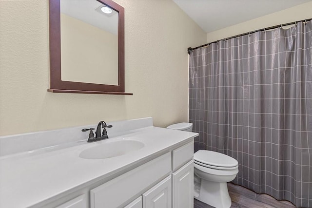 1717 Adams Ln, Azle, TX 76020 - full bath with toilet, vanity, wood finished floors, a textured wall, and curtained shower
