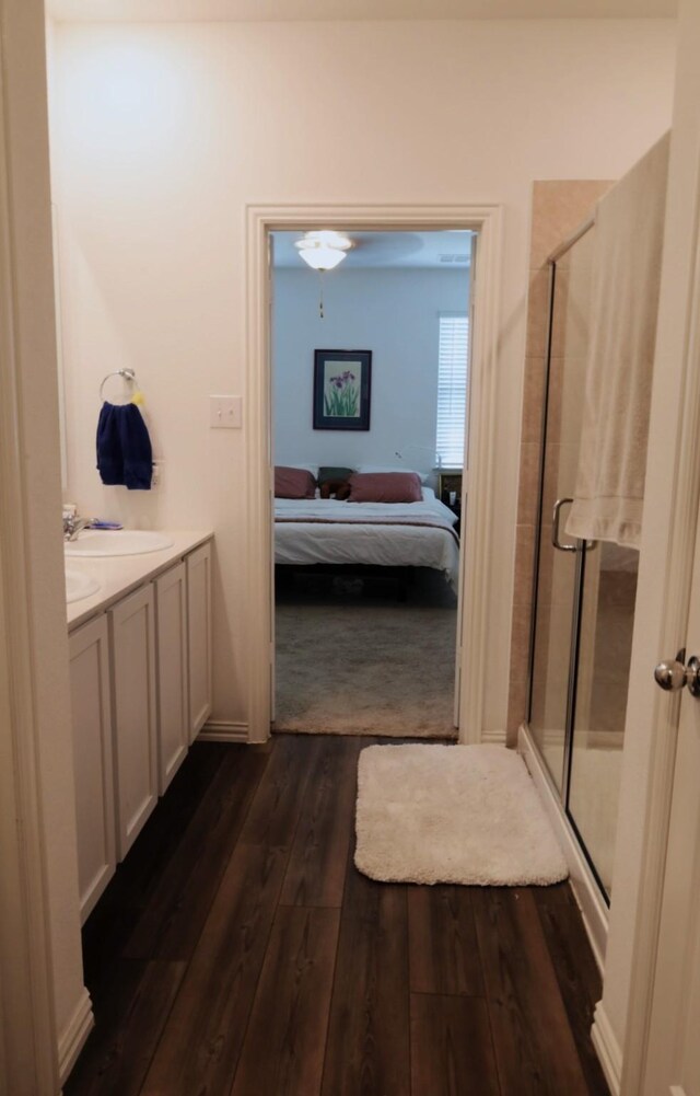 1129 Cropout Way, Fort Worth, TX 76052 - ensuite bathroom with wood finished floors, a shower stall, and vanity