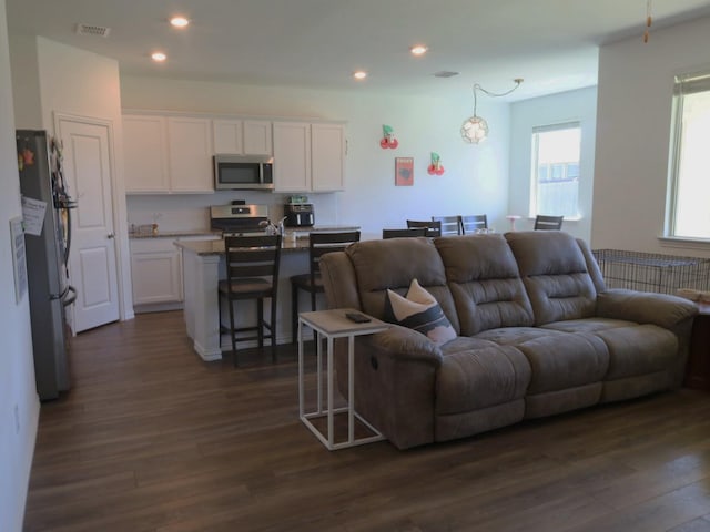1129 Cropout Way, Fort Worth, TX 76052 - living area with dark wood-style floors, recessed lighting, and a chandelier