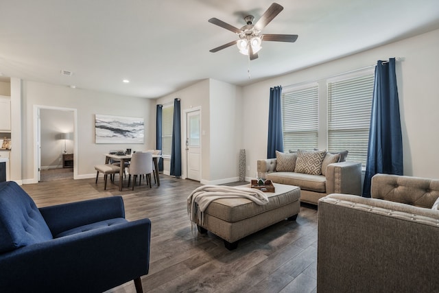 15720 Redgrave Dr, Fort Worth, TX 76247 - living area with dark wood-type flooring, a ceiling fan, recessed lighting, and baseboards