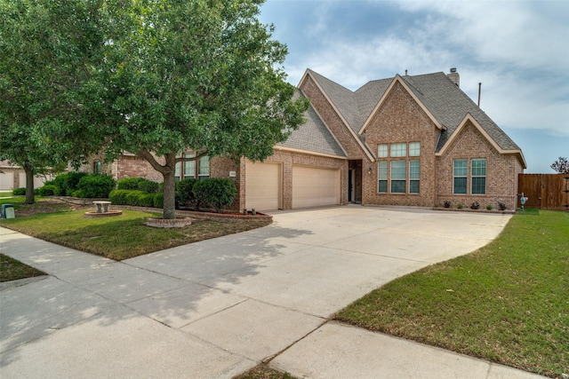 1312 Merrimac Dr, Allen, TX 75002 - view of front of property with brick siding, an attached garage, driveway, and a chimney