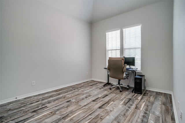 1312 Merrimac Dr, Allen, TX 75002 - office space with wood finished floors, baseboards, and vaulted ceiling