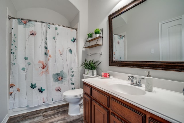 1312 Merrimac Dr, Allen, TX 75002 - full bathroom with wood finished floors, toilet, vanity, and a shower with curtain
