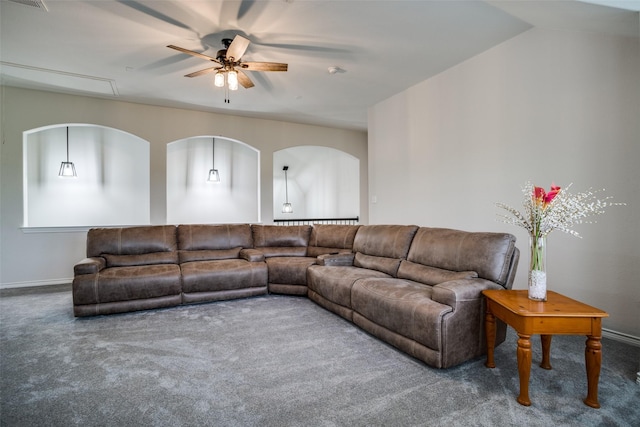 1312 Merrimac Dr, Allen, TX 75002 - carpeted living room featuring a ceiling fan and baseboards