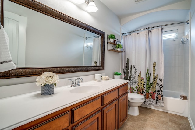 1312 Merrimac Dr, Allen, TX 75002 - full bathroom featuring toilet, vanity, shower / tub combo with curtain, and tile patterned floors