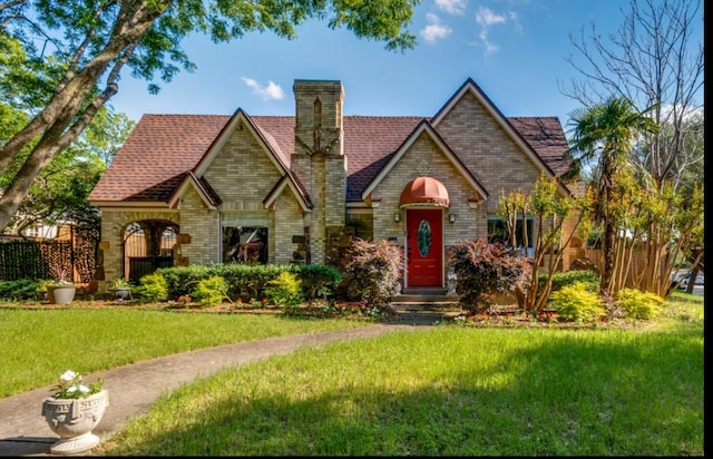 5202 Morningside Ave, Dallas, TX 75206 - english style home featuring a front yard, brick siding, and a chimney