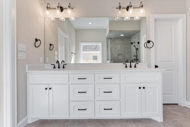 10201 Castleberry Ln, Waco, TX 76712 - bathroom featuring a stall shower, double vanity, and baseboards