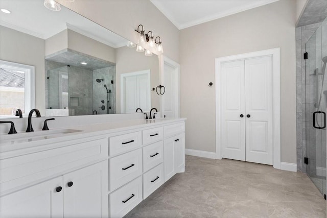 10201 Castleberry Ln, Waco, TX 76712 - full bath featuring ornamental molding, a stall shower, double vanity, and baseboards